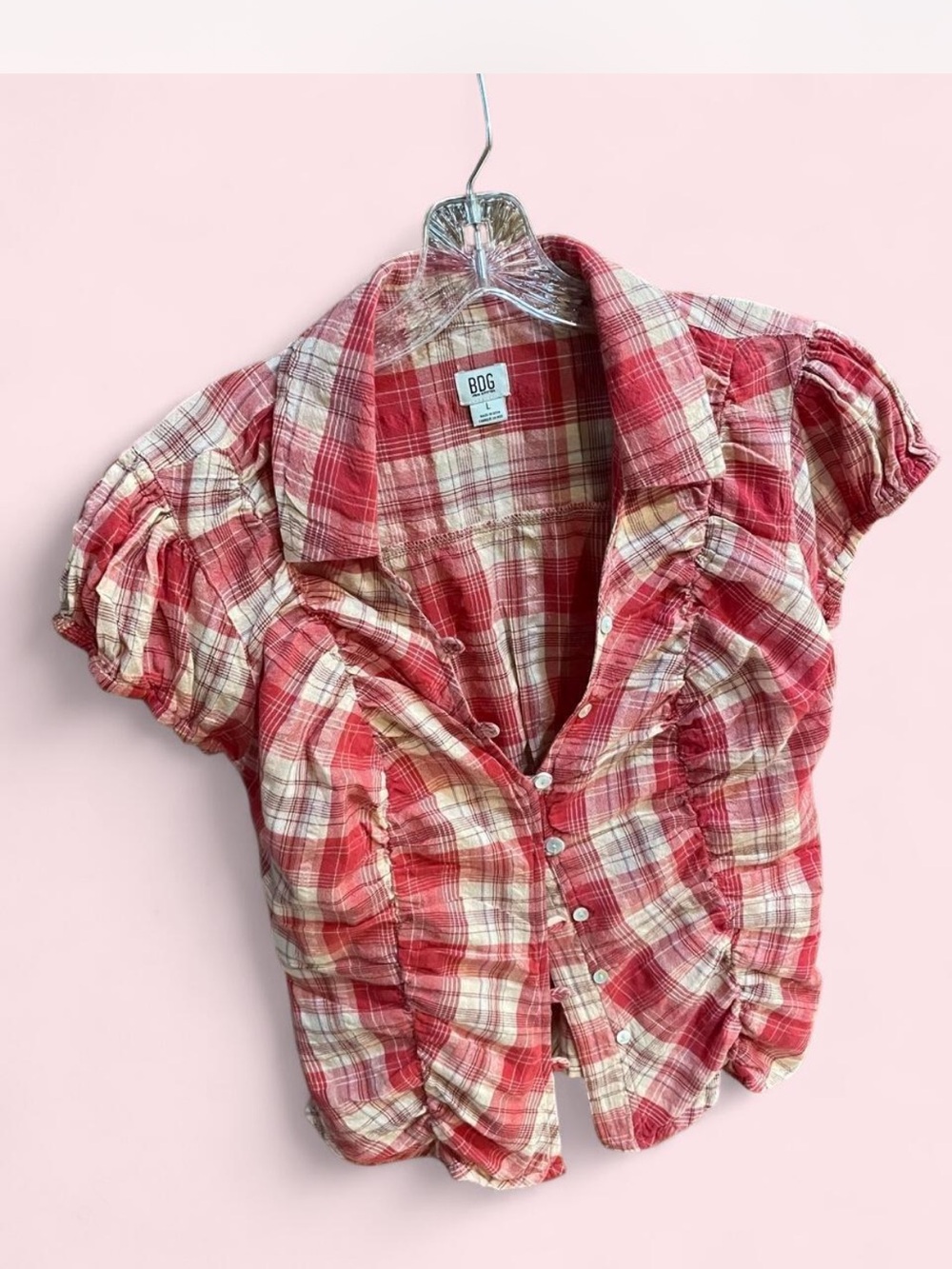Urban outfitters BDG Red and Cream Plaid Short Sleeve Button-Up Top